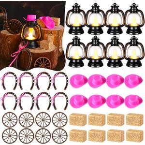 Ferraycle 60 Pcs Cowboy Theme Party Decoration Western Party Decor Rodeo Table Centerpieces Rustic Country Mini Cowboy Hat Lantern Horseshoe Wagon Wheel Hay Bales for Adult Cowgirl (Pink)