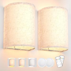 Battery Operated Wall Sconces Set of Two, Wall Lamp with Remote, 3 Colors Dimmable Fabric Wireless Sconces Wall Decor Set of 2 with Timer for Bedroom Living Room
