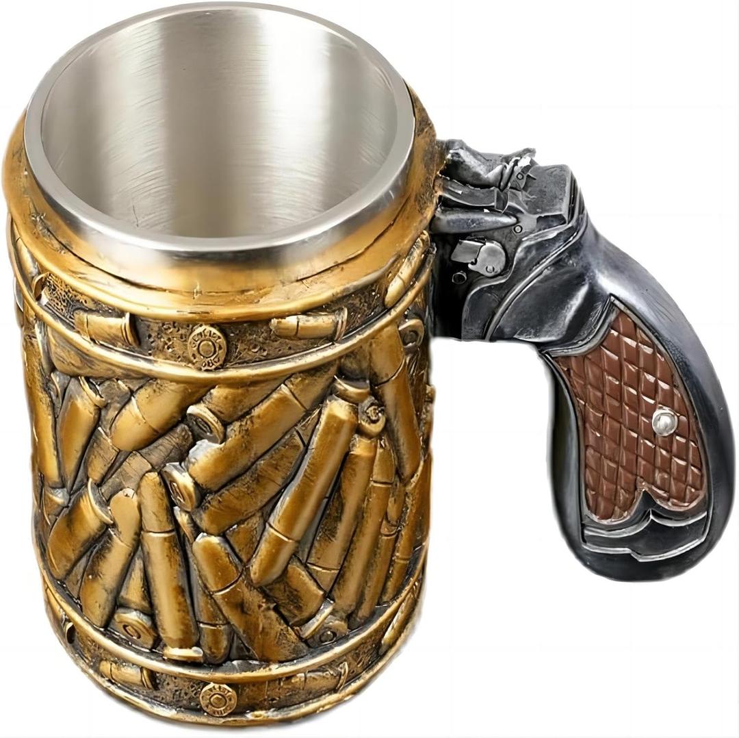 Stainless Steel Bullet Pattern Beer Mug, Bullet Tumbler, Revolver Gun Bullet Beer Cup, Pistol Shape Handle Coffee Tea Mug Wine Glasses, Creative Gift for Dad Men Veteran Souvenirs