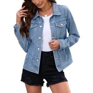 Bosmeer Women's Casual Jean Jacket Fitted Button Down Cropped Denim Jacket Long Sleeve Stretch Jean Coat with Pockets (Blue, L)