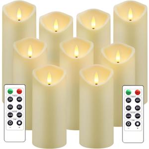Flickering Flameless Candles, Battery Operated Acrylic LED Pillar Candles with Remote Control and Timer,Set of 9 (Ivory)