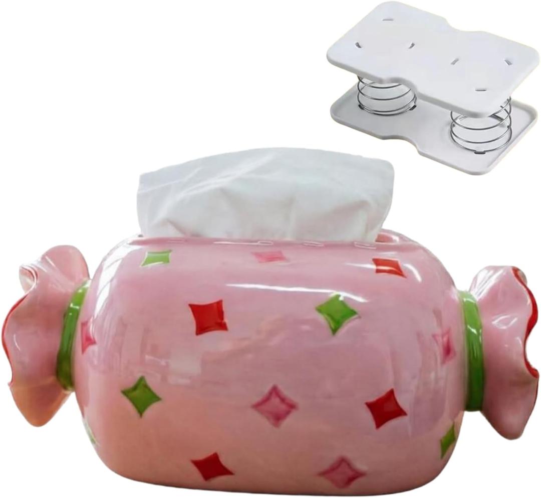 Candy-Shaped Ceramic Tissue Box Cover, Large Size 10.24 x 5.71 x 4.33 Inches Decorative Tissue Holder for Bathroom, Bedroom, Living Room, Kitchen Countertop, Cute Home Decor (Pink)