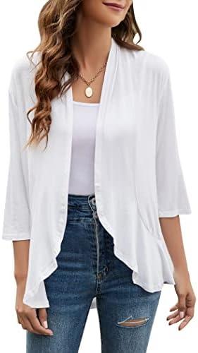 Yekaty Women Cardigan 3/4 Sleeves Open Front Lightweight Cardigan Draped Ruffles Knit Cardigan Size L