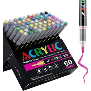 60 Colors Acrylic Marker With Brush Tip Automatic Ink Control, Water Based Ink Paint Markers For Rock Painting, Canvas, Wood, Ceramic, Glass, Stone, Fabric, DIY Crafts Textile & Art Supplies