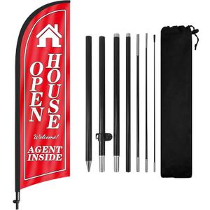 Open House Flags for Real Estate Agents With Pole Kit and Ground Stake 8Ft, Signs for Outside, Banner (Black/White/Red)