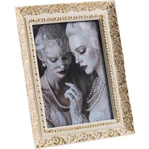 Ornate 5x7 Picture Frame for Best Gift, Sculptured Design Vintage Resin Photo Frame, Retro Hand-Crafted Hanging Frames with Easel, Hook & Mat for Table Top & Wall Gallery (White Gold)
