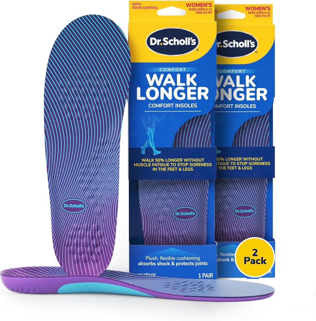 2 x Dr. Scholl's Walk Longer Insoles - Comfortable Plush Foam Cushioning Inserts for Walking, Hiking, and Standing on Feet All-Day with Arch Support - Walk 50% Longer Without Muscle Fatigue