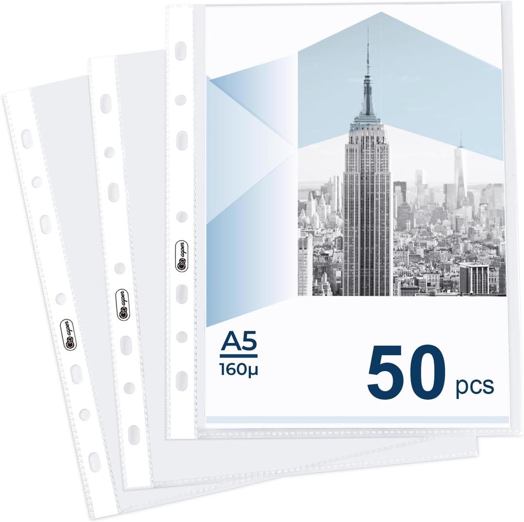 50 Page Sheet Protectors Non-Glare,A5 Glass Clear Punched Pocket,160 Micron Heavy Duty Binder Sleeves Reinforced 7-Hole,Acid-Free Top Loading Clear Plastic Dividers for Paper,Documents,Photos