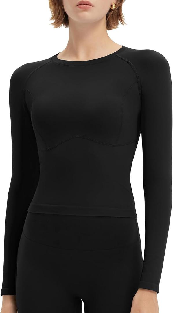 SUUKSESS Women Seamless Workout Long Sleeve Shirts Gym Athletic Running Yoga Tops (X-Small, Black)