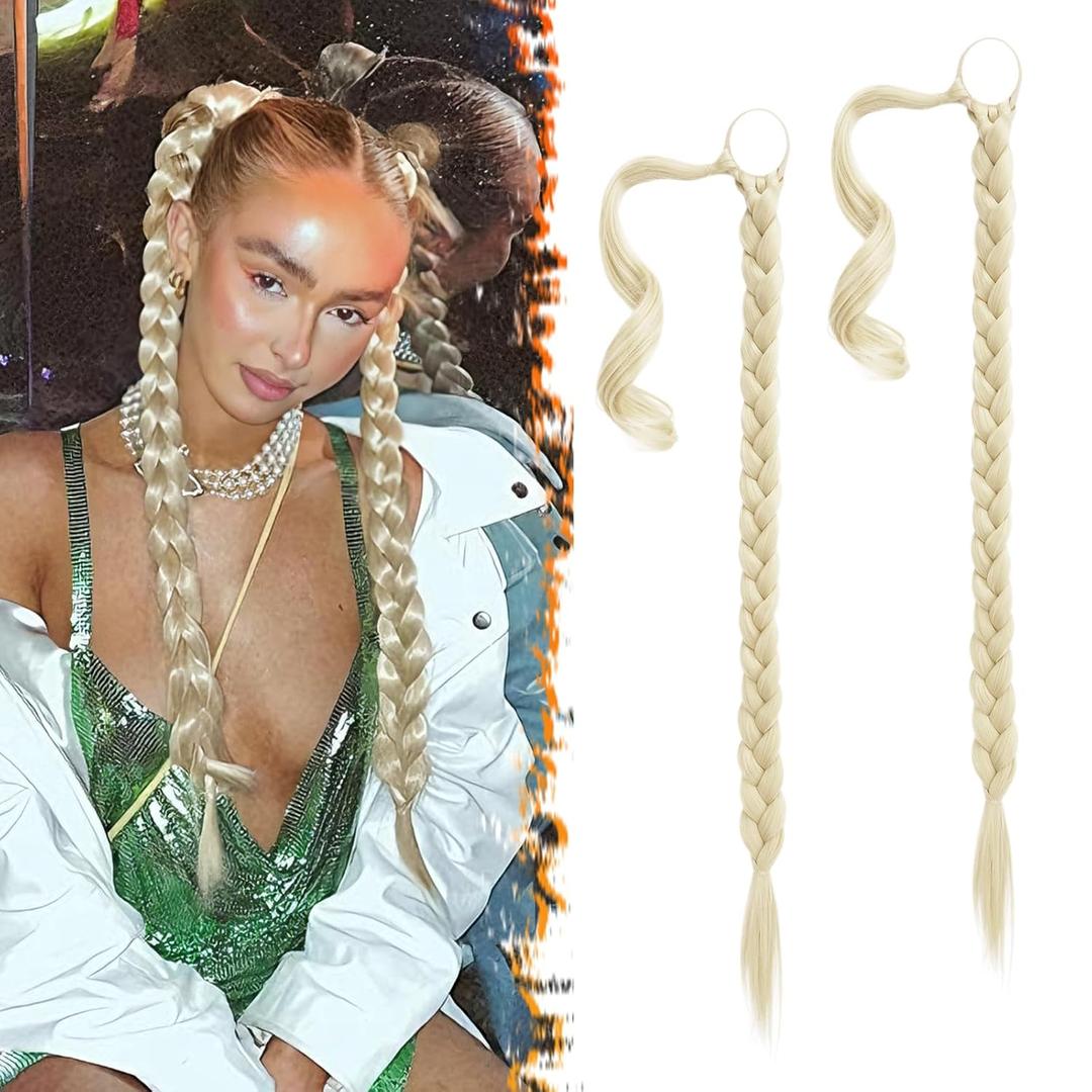 BARSDAR 2PCs 26 Inch Long Braided Ponytail Extension with Hair Tie - Straight Sleek Wrap Around Blonde Braided Ponytail Hair Extensions - Synthetic Pony Tails Hairpieces for Women - Buttery Blonde