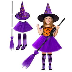 MISS FANTASY Toddler Witch Costume Halloween Witch Costume Accessories Girls Including Witch Hat and Broom Witch Purple Tutu Toddler Striped Witch Socks for 3-5 Kids Hocus Pocus Costume for Toddler