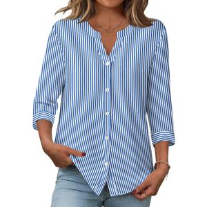 Zeagoo Button Down Shirts for Women 3/4 Sleeve Linen Cotton V Neck Tops Dressy Casual Loose Work Blouses, Size XL