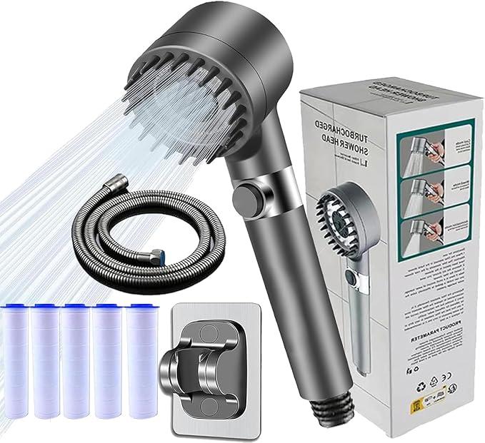 Ion Drops Filtered Shower Head with Handheld, High Pressure Water Flow Showerhead, with Shower Head Filter for Hard Water Boosting, with ON/OFF Switch 4piece set (Grey)