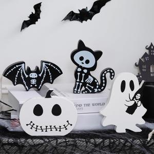 4PCS Halloween Decorations Indoor, Halloween Tiered Tray Decor Table Sign, Halloween Wooden Signs Ghost Bat Pumpkin Cat Blocks Signs, Table Decor Halloween Party Decorations for Mantle Home Shelf (Black and White-4Pcs)