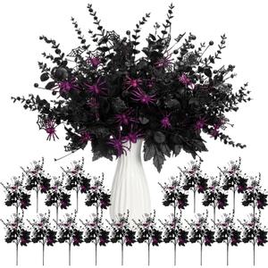 Giegxin 20 Pcs Halloween Floral Picks Halloween Decorations 19.5inch Black Artificial Flowers Branches Eucalyptus Stems Glitter Spiderweb Maple Leaf Stems for Home Indoor Party Vase Arrangement Decor