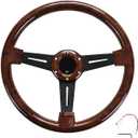 14" Classic Wood Grain Steering Wheel Riveted Light Wood Grip, Universal Automotive Steering Wheels Slotted 3 Spoke with Horn Button, 350mm 14inch Black