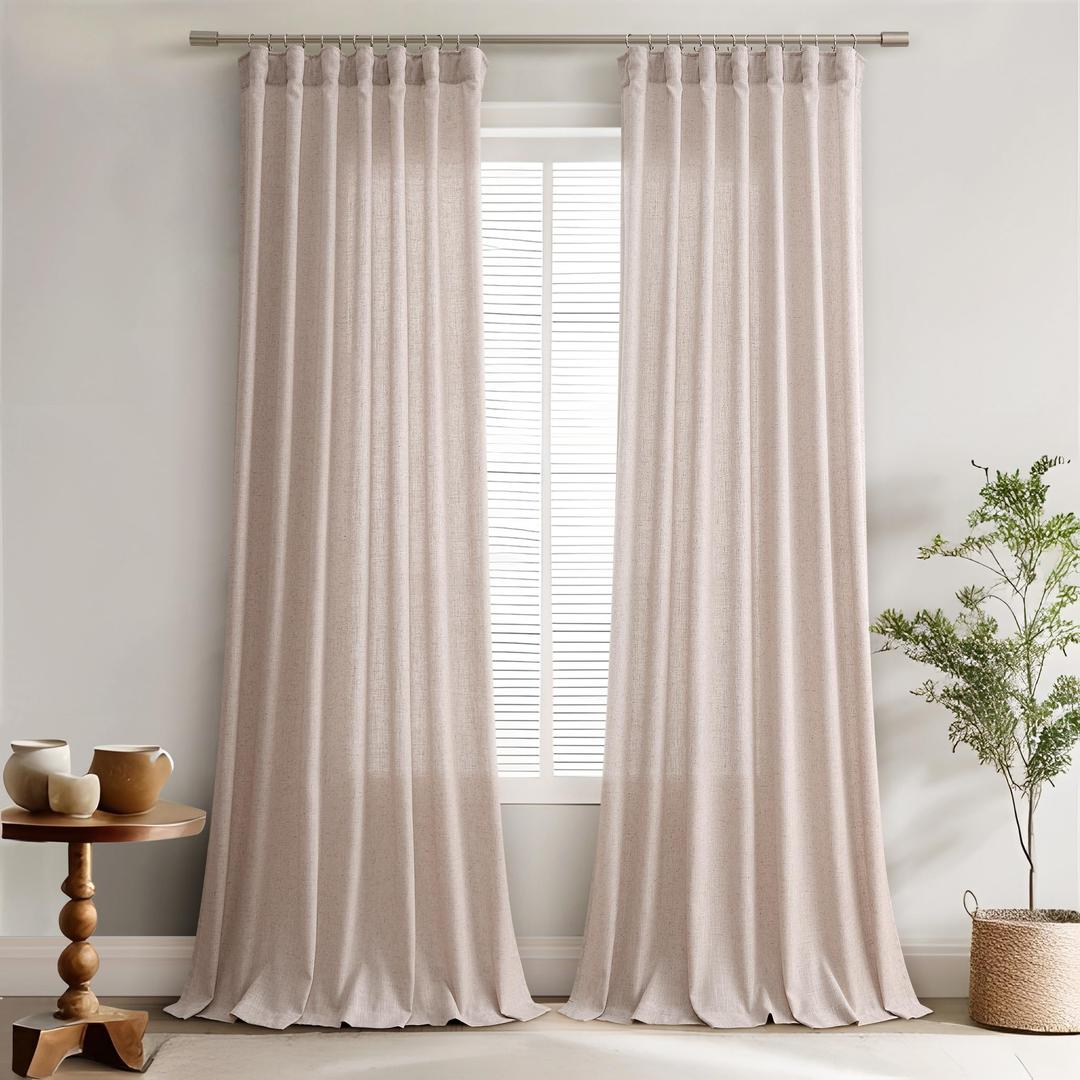 Joywell Oatmeal Linen Curtains 96 Inch Length 2 Panels Set Back Tab Farmhouse Curtains 96 Inches Long Muslin Drop Cloth Semi Sheer Linen Drapes for Bedroom Living Room 52x96