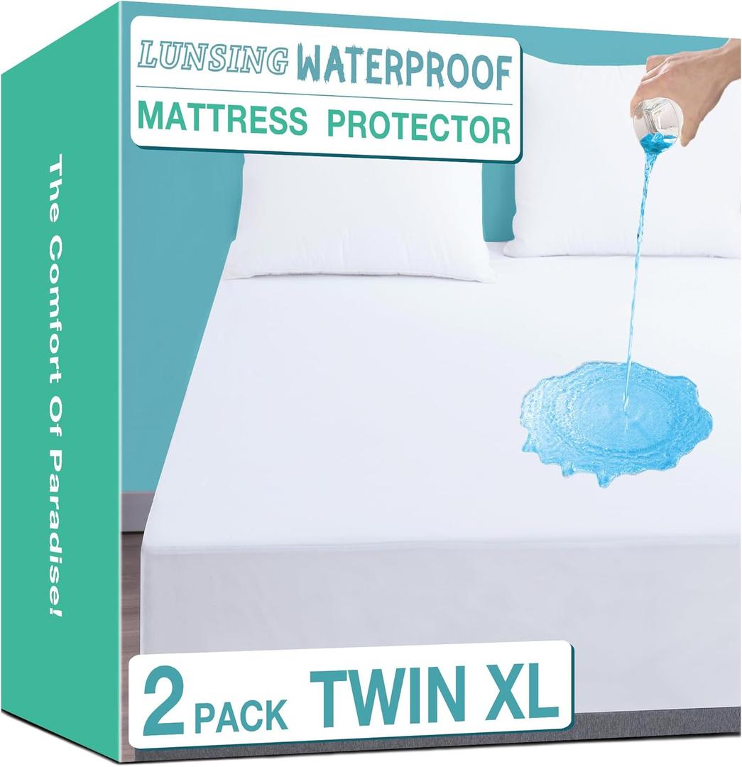 Lunsing Soft 2 Pack Twin XL Size Waterproof Mattress Protector with 6-16 Inches Deep Pocket, White