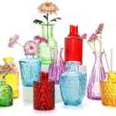 Coloch Set of 10 Colored Bud Vases, Assorted Small Glass Flower Vases Vintage Carved Floral Vase Single Bud Vase in Bulk for Centerpieces, Parties, Wedding Decoration, Office, Home