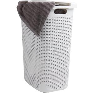 Mind Reader 60L Slim Laundry Hamper, Clothes Basket, Lid, Wicker Design, Plastic, 17.65"L x 13.75"W x 24.15"H, White