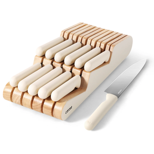 CAROTE 12Pcs Kitchen Knife Set, Dishwasher Safe knife set with Wooden In-Drawer Knife Block, Drawer Knife Set with Razor-Sharp Blades, 6 Steak Knives, Cream White