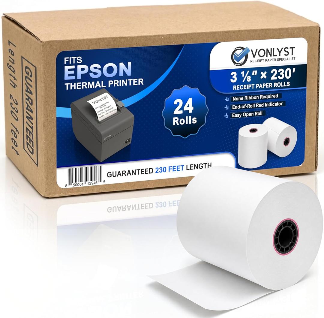 3 1/8 x 230 Thermal POS Rolls for Epson Printers, BPA Free Thermal Printing Compatible with TM-T88 TM-T70 TM-T80 TM-T85 TM-H6000 T90 Series, Credit Card Machine & POS Printer Supplies, Pack of 24