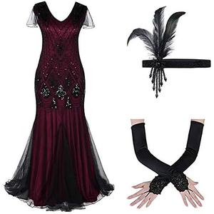 Women's 1920s Flapper Dress Vintage Great Gatsby Party Sequin Maxi Evening Cocktail Dresses with 20s Accessories Set 2Xl