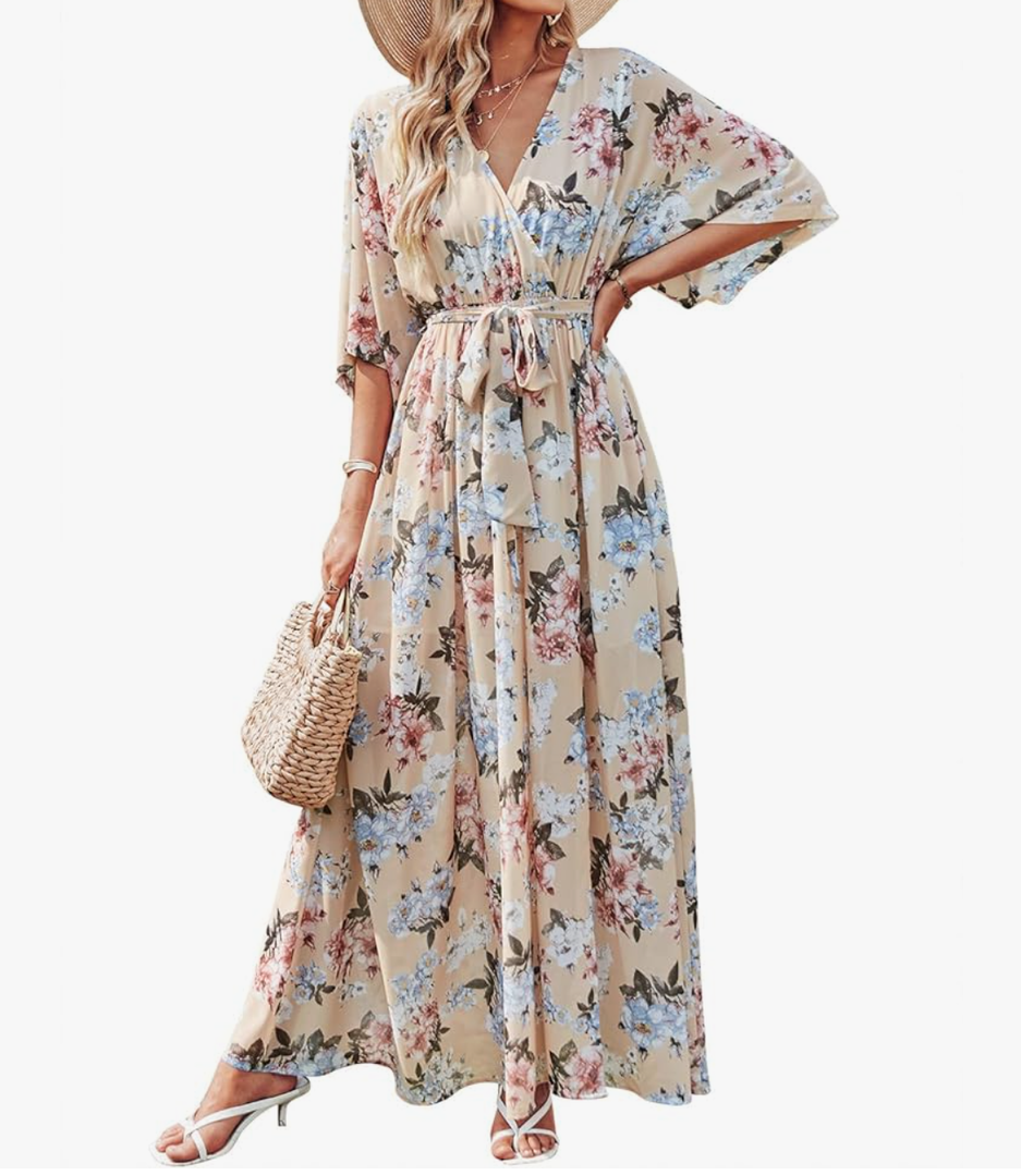 ANRABESS Women’s Summer Loose Boho Flowy Wrap V Neck 3/4 Sleeve Floral Print Slit Beach Wedding Guest Long Maxi Dresses Size XL