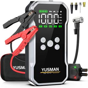 Jump Starter with Air Compressor, 8000A 160PSI Battery Booster Pack | For 12V vehicles, 10.0L gas and 7.0L diesel, with display, smart clamps, tire inflator, 2 USB-A ports, and 2 LED lights
