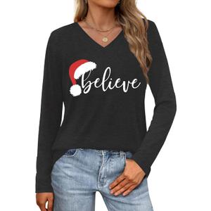 Christmas Shirts for Women Merry and Bright Christmas Shirt Christmas Tree Graphic V Neck Long Sleeve Tops (Large, Dark Grey)