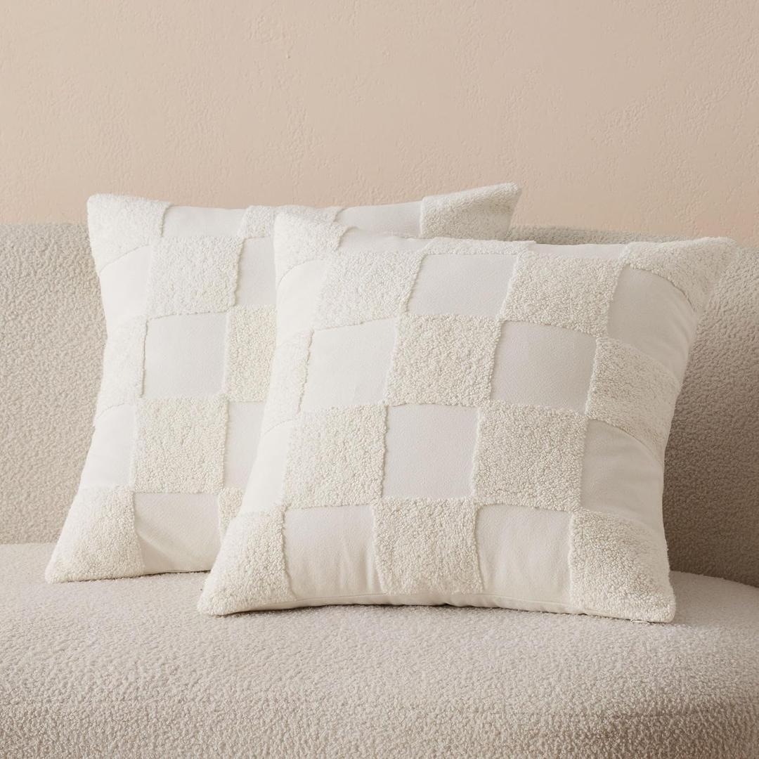 Double Stitch Checkered Throw Pillow Covers - 100% Cotton Set of 2 Tufted Boho Decorative Pillow Covers 18x18, Made in India, Square Cushion Case, Modern Home Decor for Couch, Sofa, Living Room, Cream