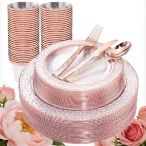 Ciaell 150PCS Rose Gold Plastic Plates Disposable Plates with Rose Gold Plastic Silverware include 50Plates, 25Forks, 25Knives, 25Spoons, 25Cups for Wedding & Party