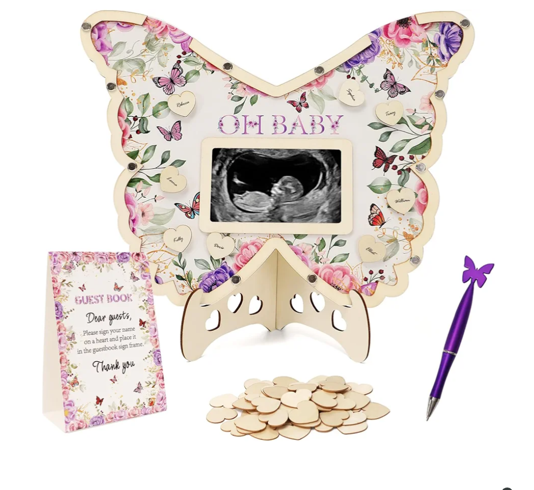 Butterfly Baby Shower Decorations,Purple A Little Butterfly Is On Her Way Baby Shower Guest Book Alternatives with Pen,Photo Frame and 60 Heart Wood Slices for 60 Guests,Gender Reveal Decorations