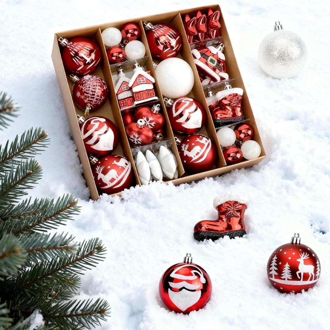48PCS Red and White Christmas Balls Ornaments Set, Shatterproof Plastic Ball Set with Hanging Strings, Hanging Ball Ornaments for Xmas Christmas Tree Decorations, Early Christmas Gift Ideas