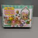 Lonico Wooden Tea Party Set for Little Girls Toddler Tea Set with Cupcake Stand & Food Dessert, Play Kitchen Accessories for Toddlers 2 3 4 5 6 Years Old, Wooden Toys Birthday Kids Girls Gifts 3-6