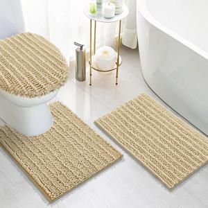 Arotive Luxury Chenille Bathroom Rugs 3 Piece with Toilet Lid Cover, Shaggy Soft and Absorbent Bath Rug, Non-Slip, Machine Washable Bath Mats for Bathroom24x16+24x20+17.5x15, Beige