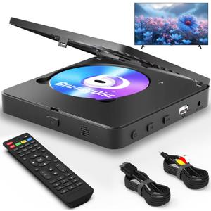 Blu Ray Player 1080P Bluray Disc Player for Home Cinema, Dolby Audio/DTS, Plays All DVDs and Region A 1 Blu Rays, Supports 128GB USB Stick, with HDMI and AV Output Connection Cable, NTSC US Standard