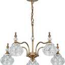 5-Light Gold Glass Pendant Light, Rustic Style, Matte Brushed Antique Brass Finish with Glass Shade for Kitchen Island