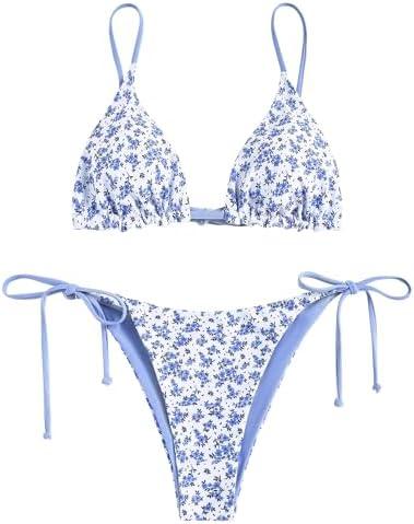 ZAFUL Women's Triangle Bikini Floral String Bikini Set Two Piece Swimsuit Bathing Suits M