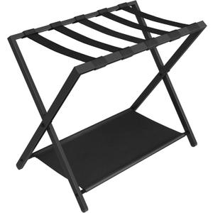 Hzuaneri Luggage Rack, Folding Suitcase Stand for Guest, Foldable, Luggage Holders with Shelf, Steel Frame with Nylon Straps for Bedroom, Hotel, Holds up to 154 lb, Black, 1 Pack LR03801B
