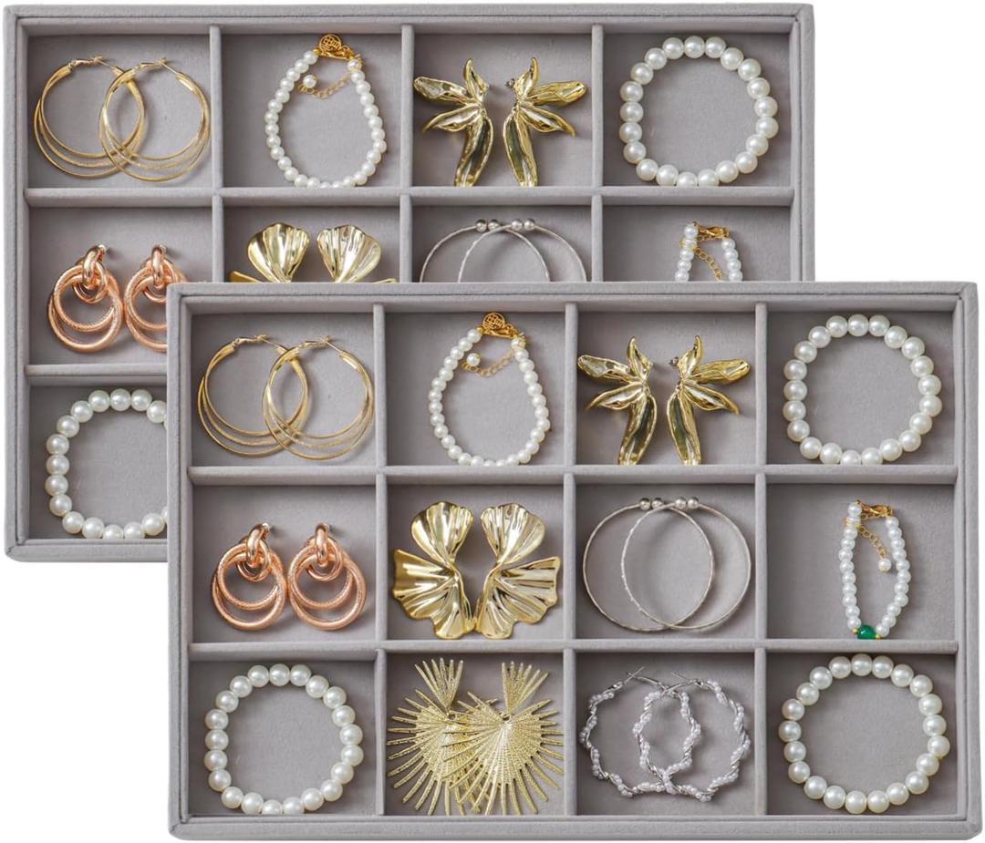 Large Velvet Jewelry Tray 2 Pack Stackable Jewelry Display Drawer Inserts Trays Organizer for Earring Bracelet Necklace Ring (Gray, 12 Grids)