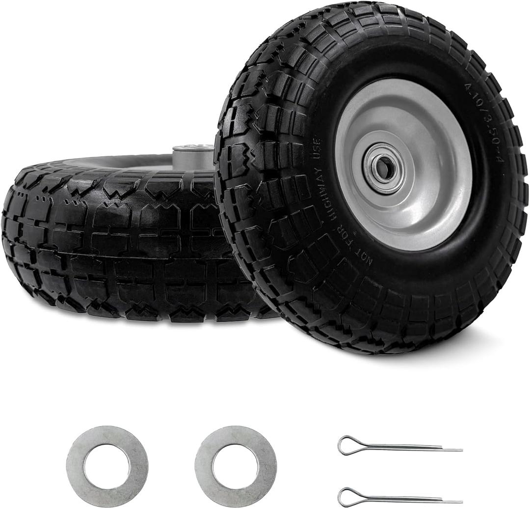 10-Inch 4.10/3.50-4 Tire and Wheel Flat Free, Heavy Duty Solid Replacement Tire with 5/8" Bearings, for Wheelbarrows Hand Trucks Dollies Trolleys Generators, (2-Pack)