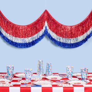 xo, Fetti Red, Silver + Blue Layered Fringe Banner - 6 Ft. | 4th of July Decorations, Western Party Decorations, Patriotic Birthday Party Decor, Cowboy Backdrop, Summer BBQ Sign