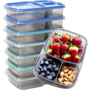 Youngever 7 Sets Bento Lunch Box, Meal Prep Containers, Reusable 3 Compartment Plastic Divided Food Storage Container Boxes, 9.5 x 6.2 x 2.2 inches