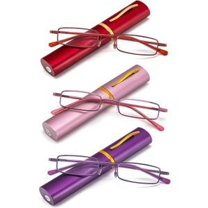 REAVEE 3 Pack Slim Pen Reading Glasses Small Tube Readers for Men Women Spring Hinged with Portable Clip Case, Red Pink Purple 1.75