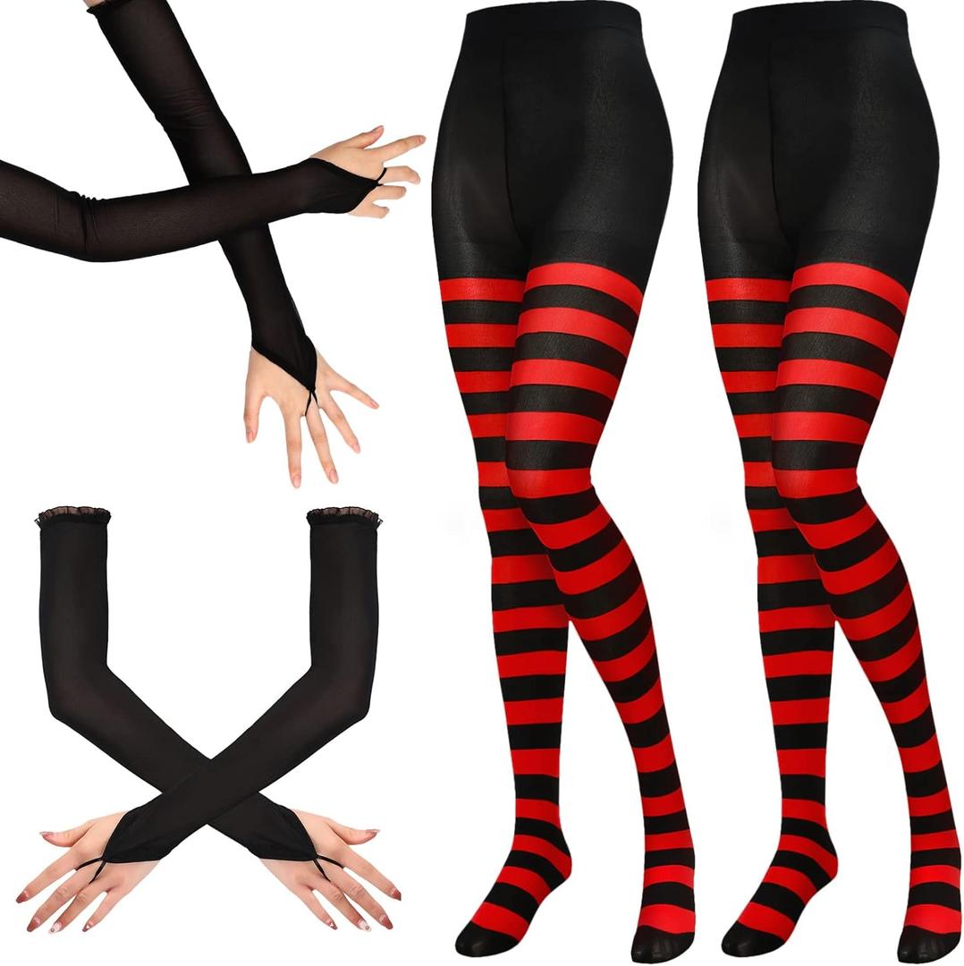 Vicenpal Halloween Costume Cosplay Women's Halloween Striped Socks and Long Gloves Halloween Fingerless Lace Arm Warmer