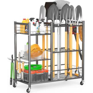 Garden Tool Organizer with Lockable Wheels, Yard Tool Storage Rack for Garage, Garden Tool Stand for Rake, Brooms, Indoor & Outdoor Use