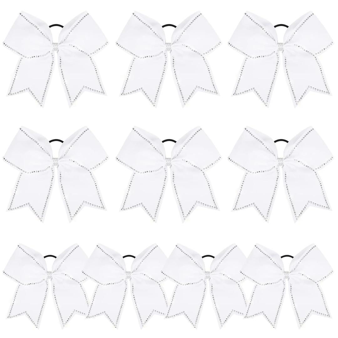 DEEKA 10 PCS 8" Rhinestones Large Cheer Hair Bows Glitter Cheer Ponytail Holder Handmade for Teen Girls Softball Cheerleader Sports -White