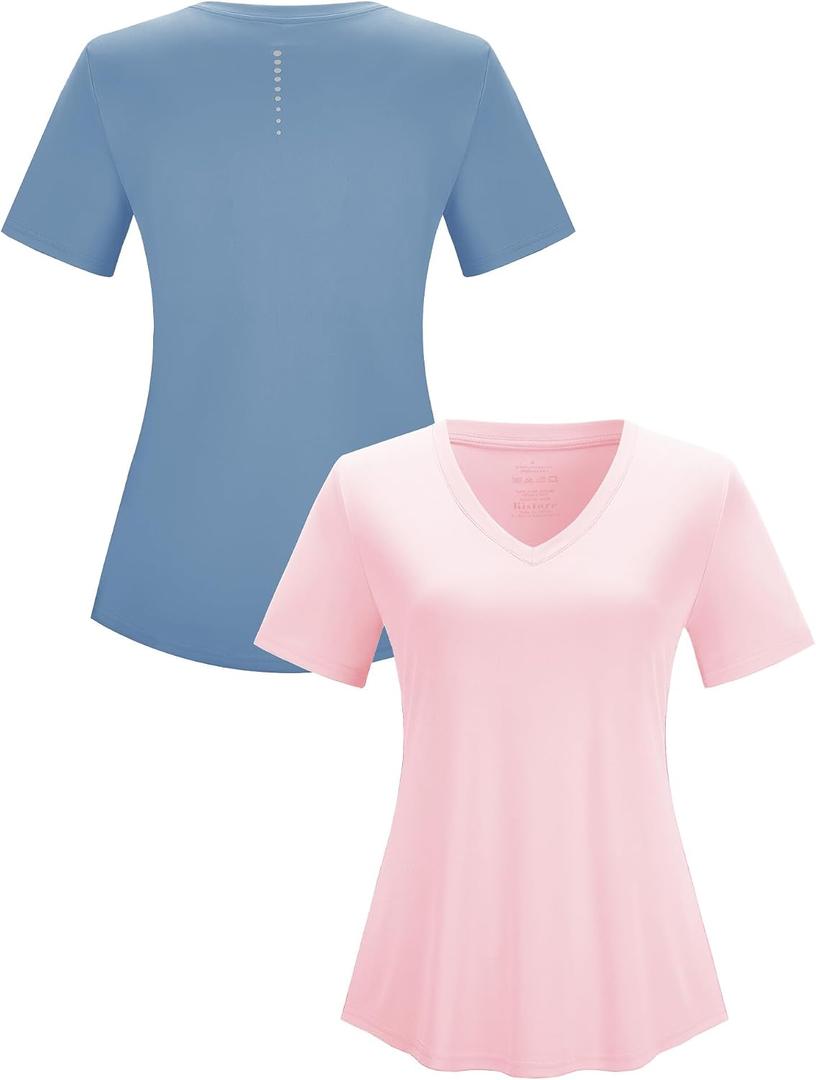Kistore Workout Tops for Women Breathable V Neck Yoga T Shirts Trending Beach Casual Loose Fit Tee Running (Blue, L)