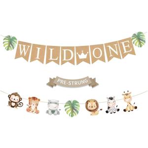 Weecent Pre-Strung 6ft Burlap WIld One Banner for 1st Baby Birthday Decorations Jungle Safari Theme Neutral Jungle Animals Gender Reveal Party Decor (Colorful)